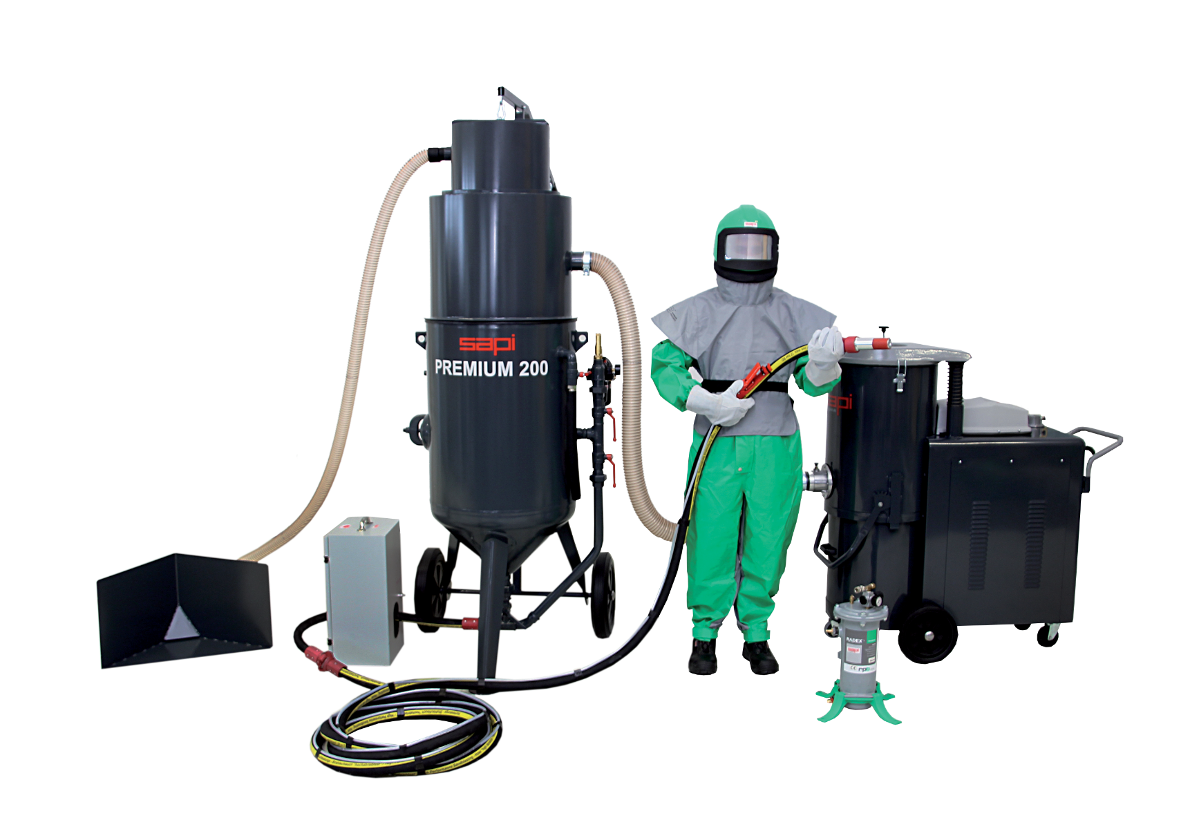 Zandstraalinstallatie onder druk 200 l met straalmiddelvoorbereiding